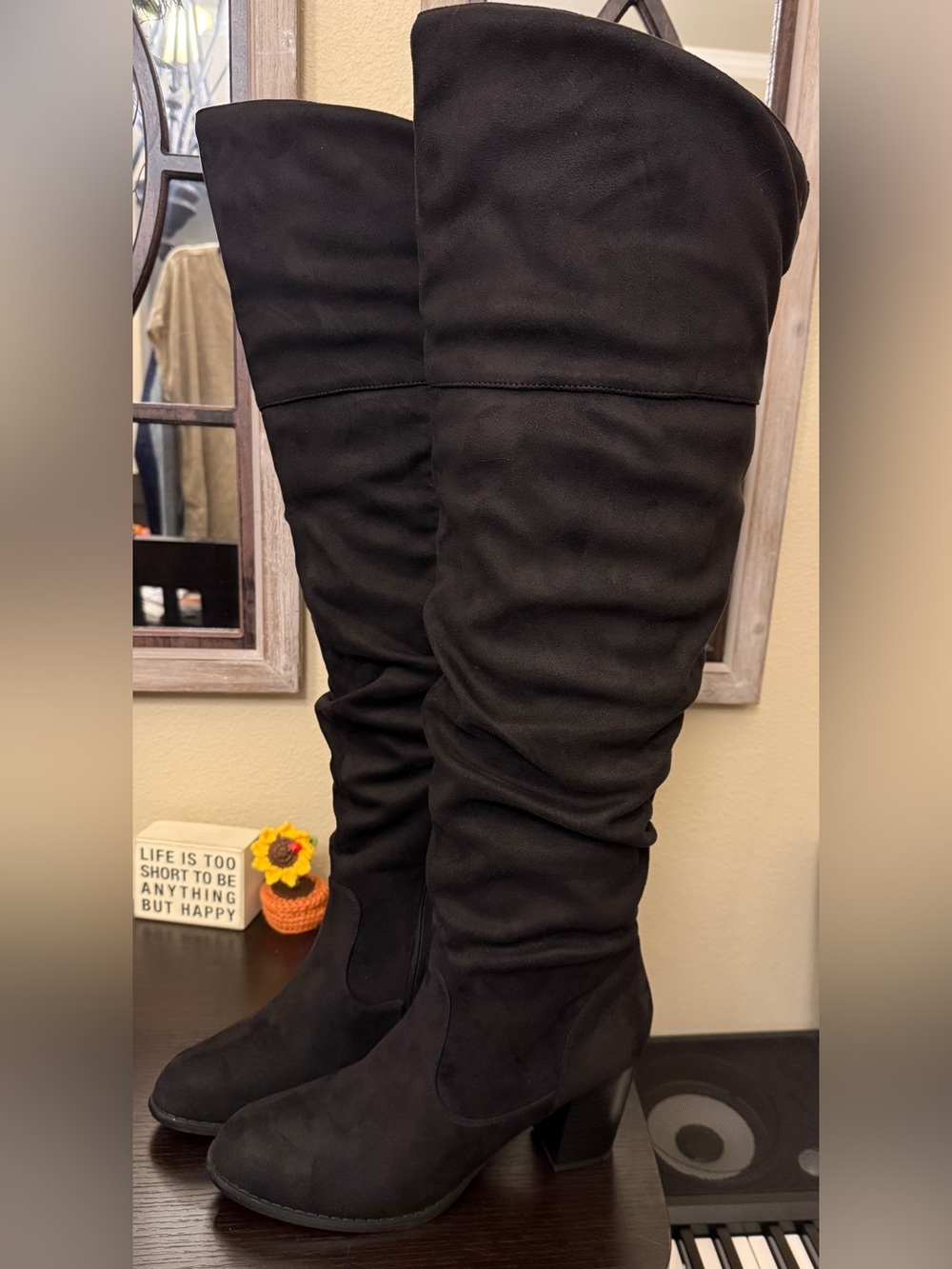 Journee Collection Black Kaison Wide Calf Stacked Heel Over Knee Boots Size 10